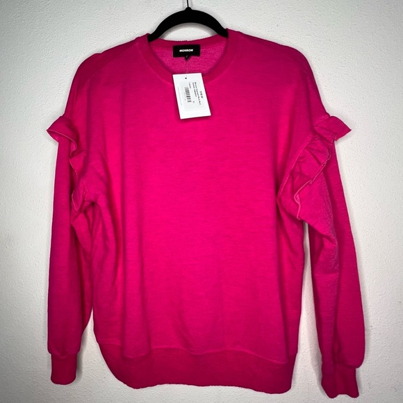 NWT Monrow Supersoft Crewneck Ruffle Sleeve Pullover, Fuschia, size XS - Picture 3 of 5